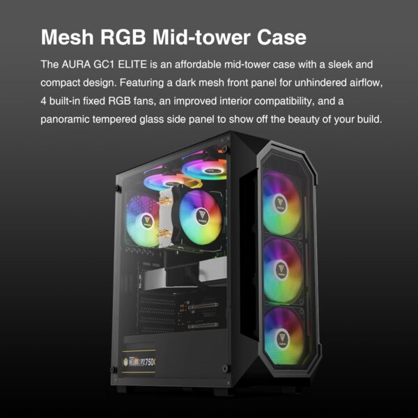 GAMDIAS Carcasa de PC ATX de media torre para juegos de vidrio templado, 4 ventiladores ARGB integrados de 4.724 in, malla de flujo de aire frontal, ventiladores de hasta 0.236 x 4.724 in, GPU/VGA. - Imagen 7