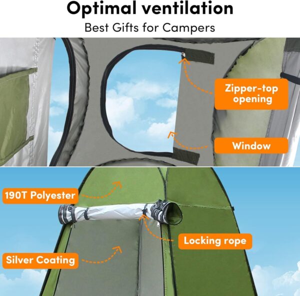 Tienda de ducha desplegable portátil para camping, baño, inodoro, vestuario, refugios de privacidad, habitación para senderismo, playa, refugio solar, picnic, pesca, UPF50+ impermeable (verde) - Imagen 3
