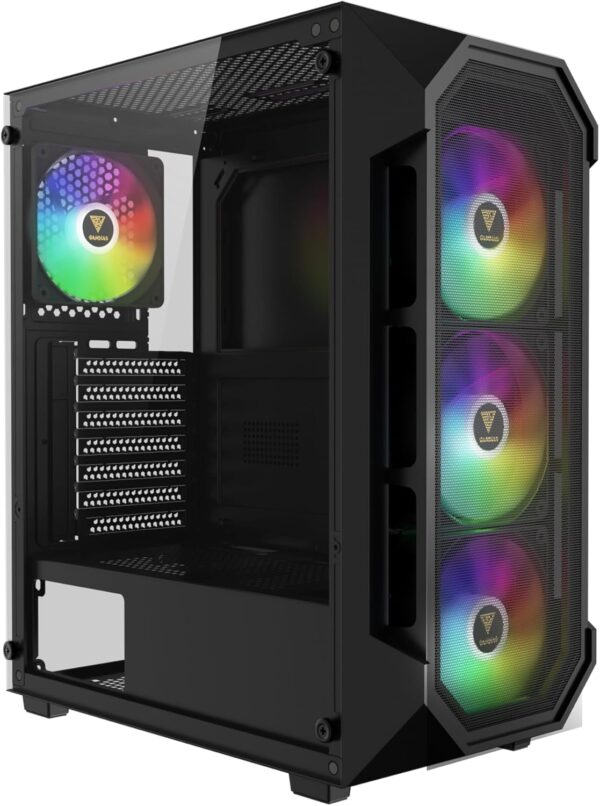 GAMDIAS Carcasa de PC ATX de media torre para juegos de vidrio templado, 4 ventiladores ARGB integrados de 4.724 in, malla de flujo de aire frontal, ventiladores de hasta 0.236 x 4.724 in, GPU/VGA.